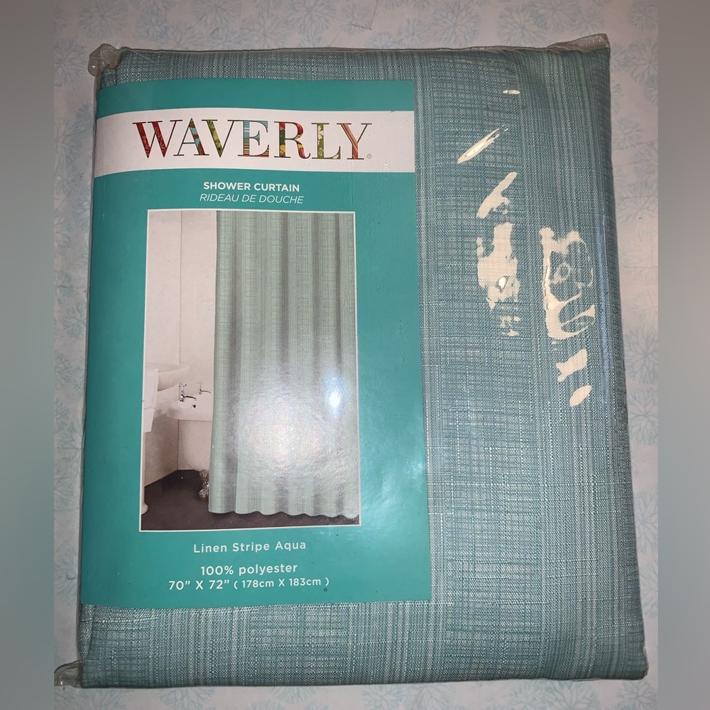 Waverly Linen Stripe Aqua Blue Green Shower Curtain